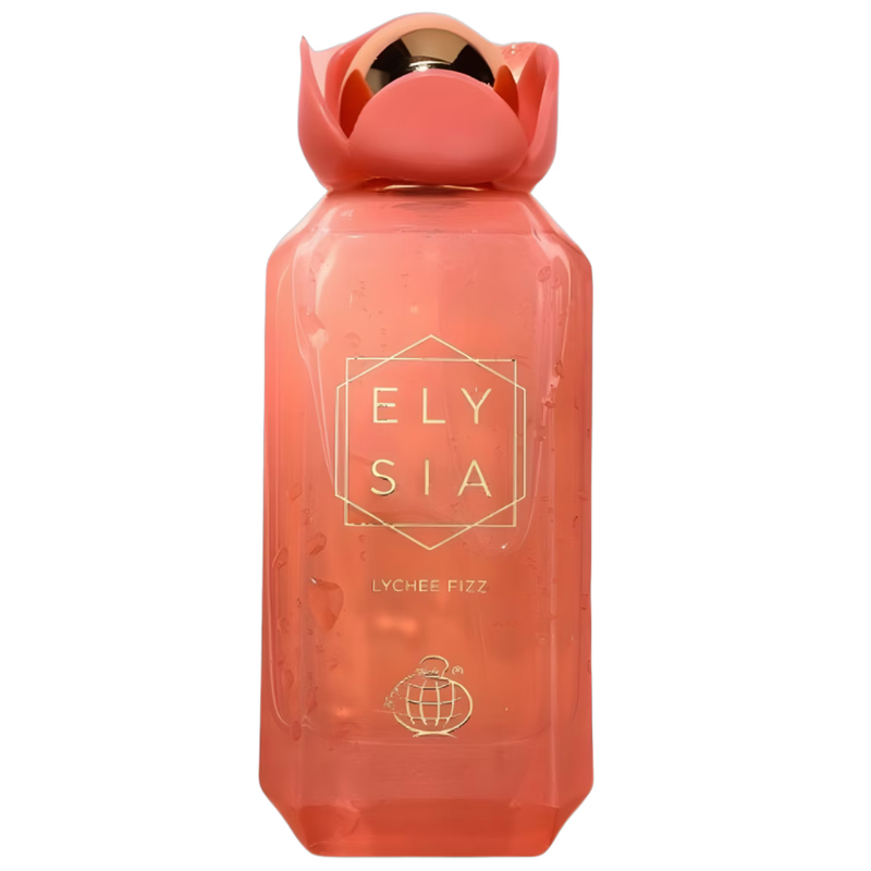Frasco do perfume Elysia Lychee Fizz Fragrance World 100ml EDP, família amadeirado e âmbar.