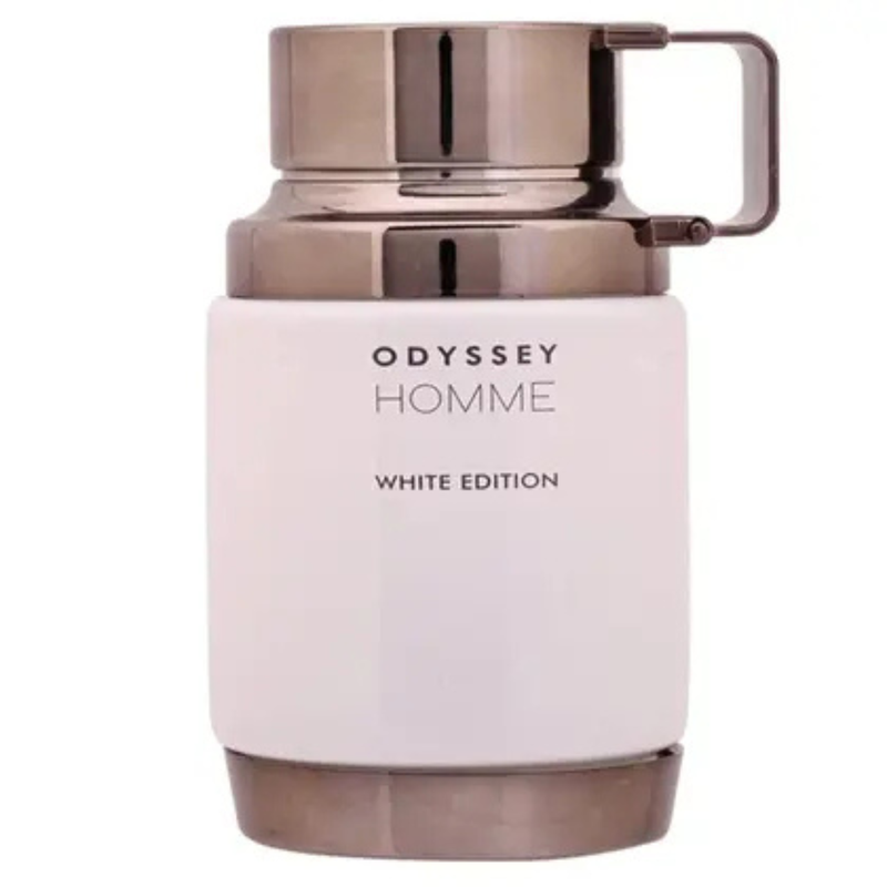 Frasco do perfume Odyssey White Edition Homme Armaf 100ml EDP Masculino, família amadeirado e âmbar.