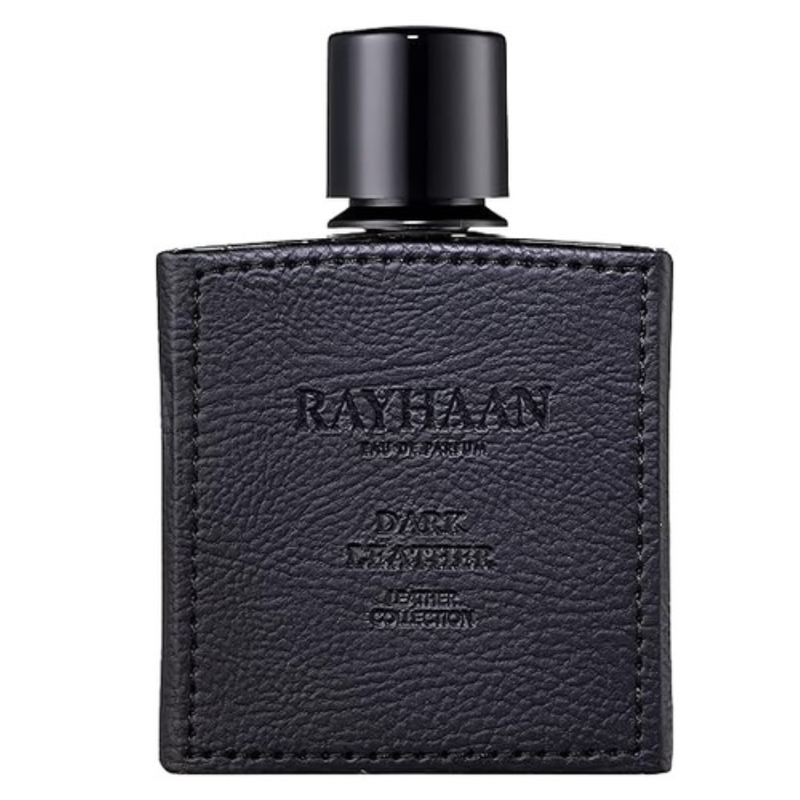 Frasco do perfume Dark Leather Rayhaan 100ml EDP, família couro e amadeirado.