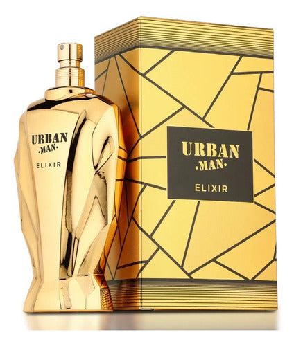 Frasco do perfume Urban Man Elixir Fragrance World 100ml EDP, família doce/gourmand e âmbar.