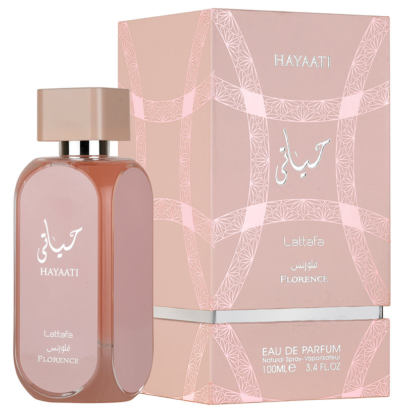 Frasco do perfume Hayaati Florence Lattafa Eau De Parfum 100ml, família floral e doce/gourmand.