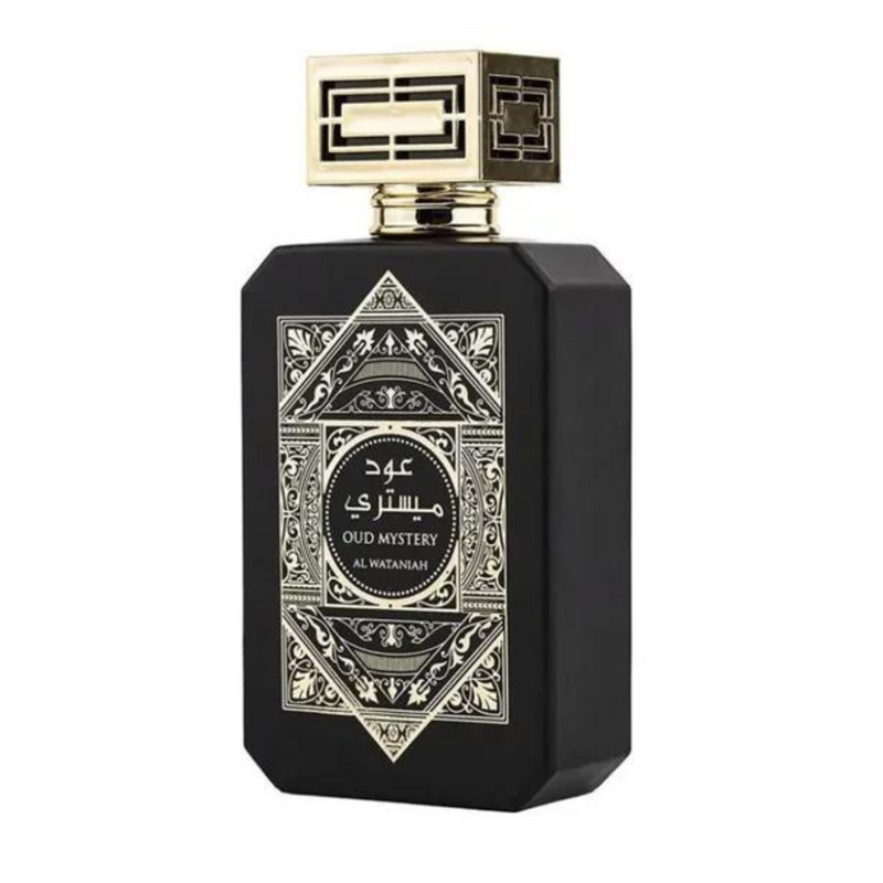 Frasco do perfume Oud Mystery Al Wataniah Eau De Parfum 100ml Masculino, família âmbar.
