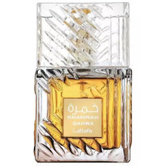 Frasco do perfume khamrah Qahwa Lattafa Eau De Parfum 100ml Unisex, família doce/gourmand e especiado.
