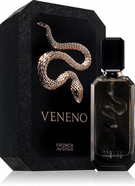 Frasco do perfume Veneno French Avenue Extrait De Parfum 100ml, família amadeirado e âmbar.
