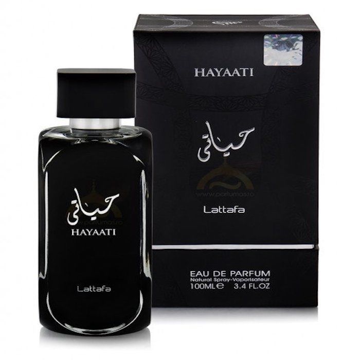 Frasco do perfume Hayaati Lattafa Eau De Parfum 100ml, família doce/gourmand e floral.