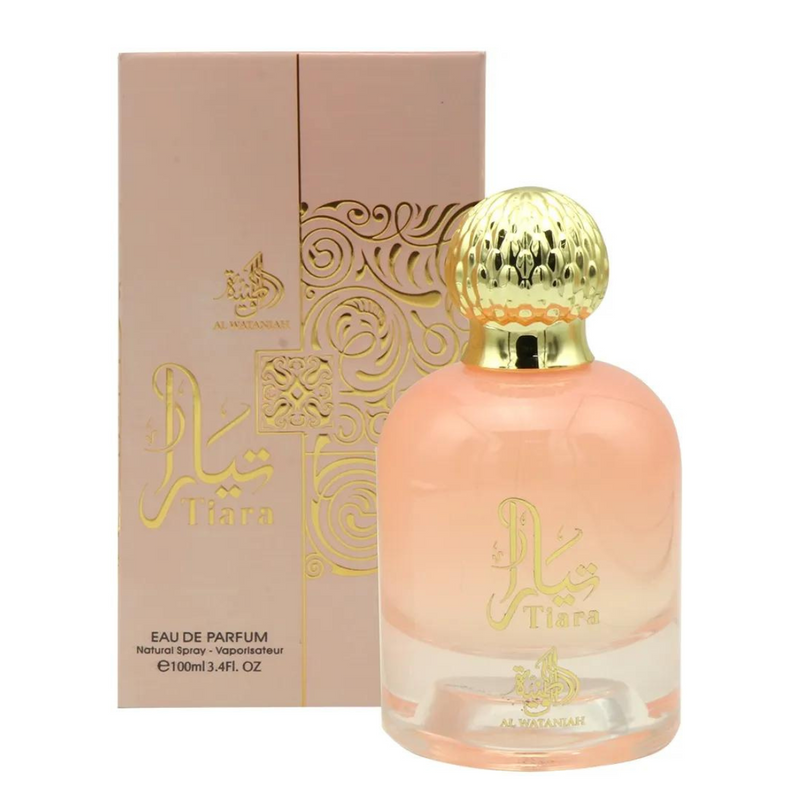 Frasco do perfume Tiara Pink Al Wataniah Eau De Parfum 100ml Feminino, família floral e doce/gourmand.