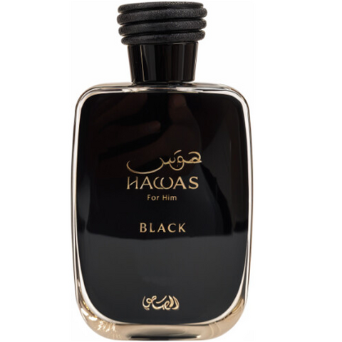 Frasco do perfume Hawas Black Rasasi Eau De Parfum 100ml masculino, família aquático e amadeirado.