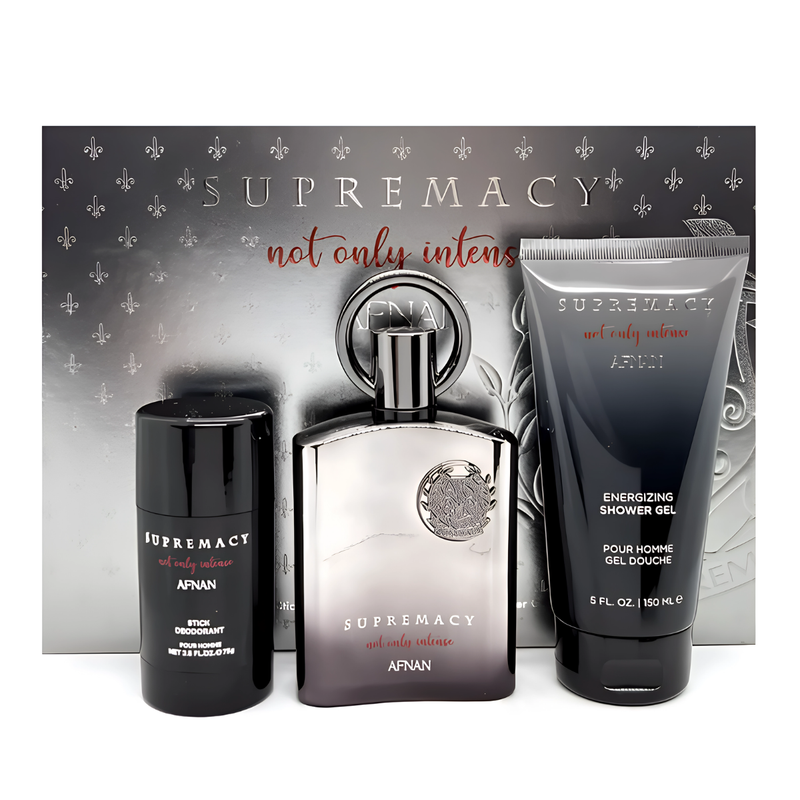 Frasco do perfume Afnan supremacy Not Only Intense Extrait de Parfum100ml / pós -barba 150ml / gel de banho.