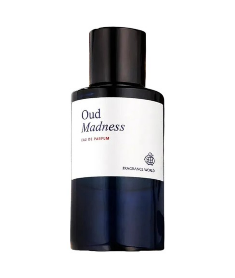 Frasco do perfume Oud Madness Fragrance World Eau de Parfum 60ml Unissex, família âmbar.