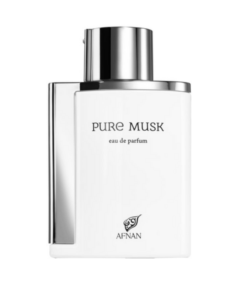 Frasco do perfume Pure Musk Afnan Eau de Parfum 100ml Unisex, família amadeirado e âmbar.