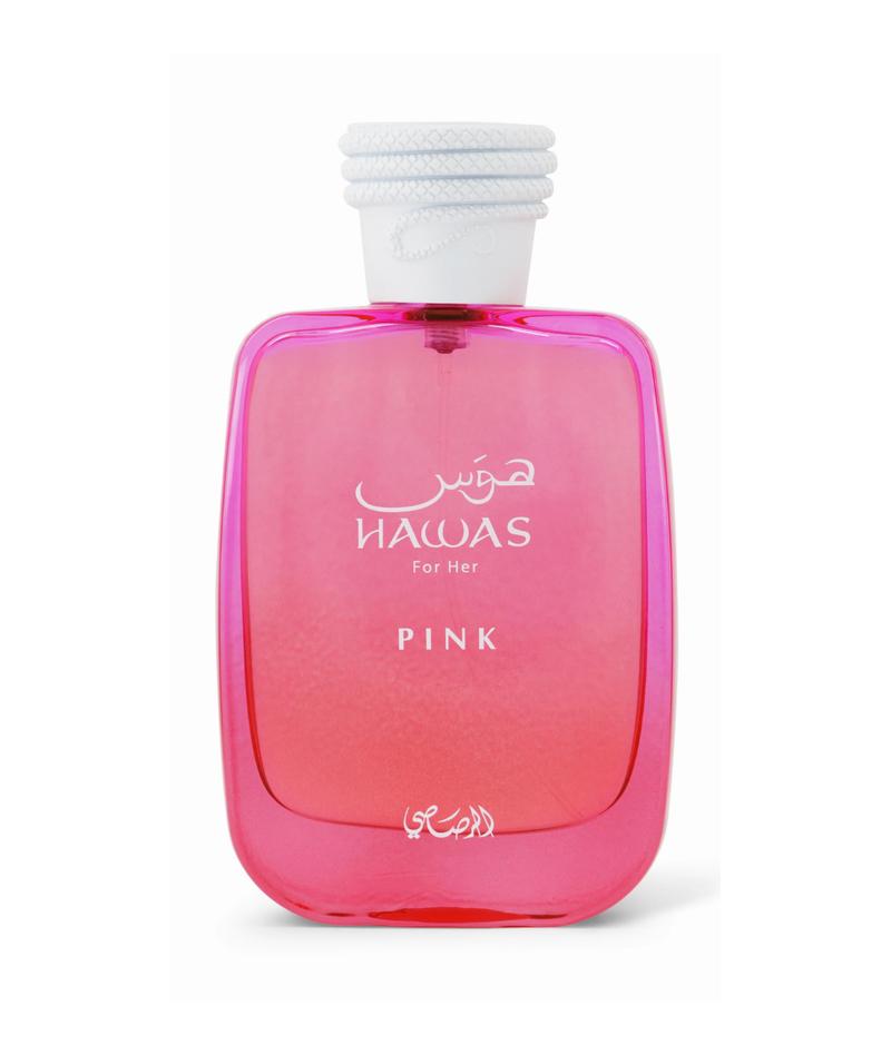 Frasco do perfume Hawas Pink Rasasi Eau De Parfum 100ml Feminino, família aquático e amadeirado.