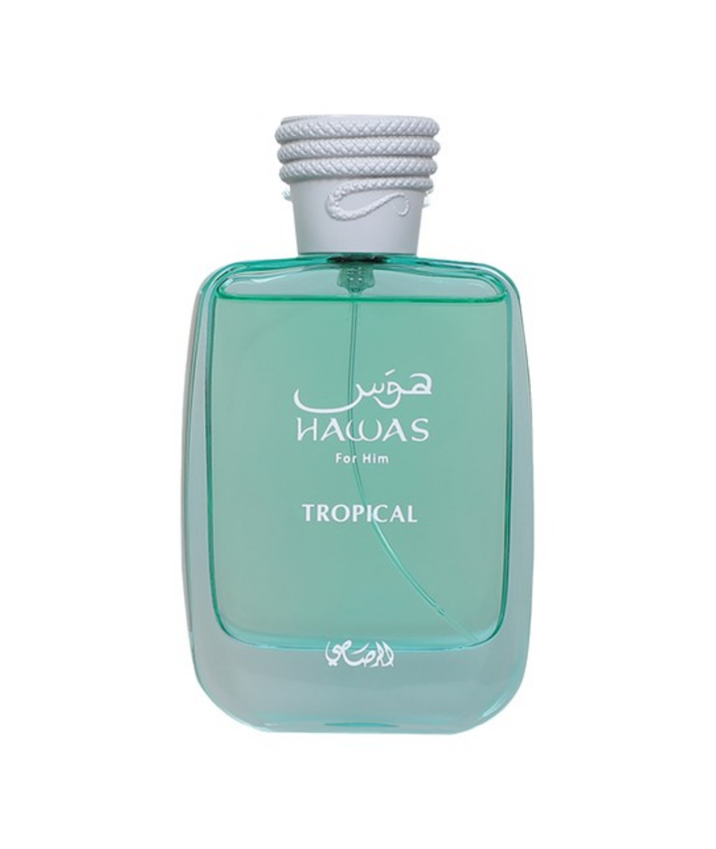 Frasco do perfume Hawas Tropical Eau De Parfum 100ml Masculino, família aquático e amadeirado.