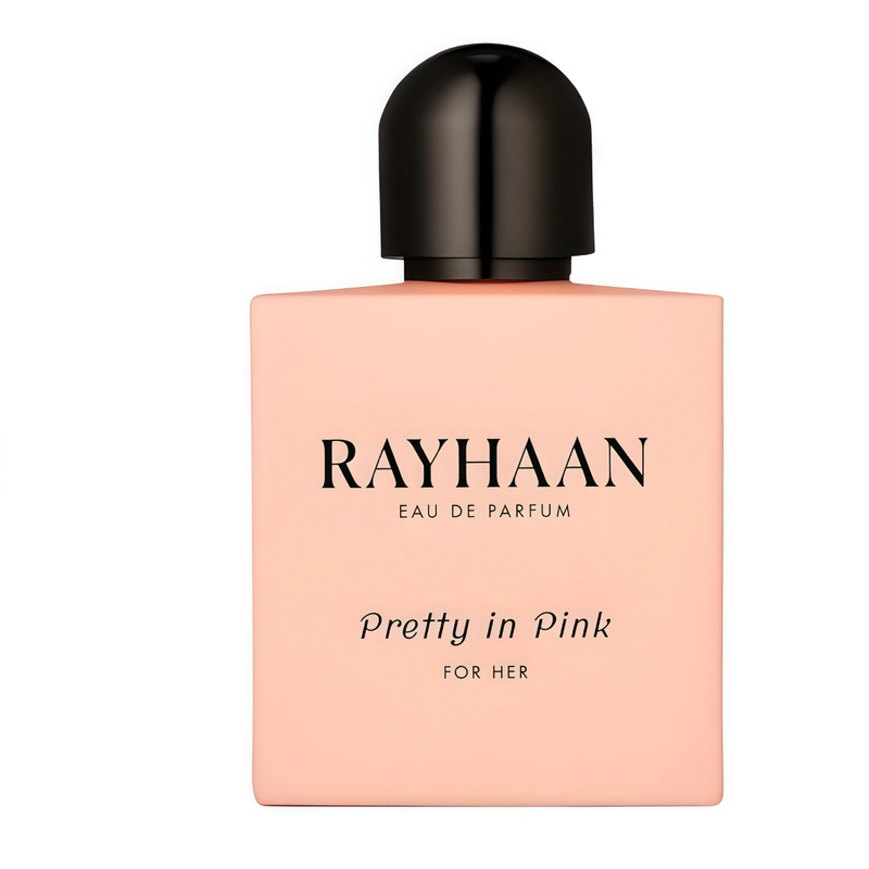 Frasco do perfume Pretty In Pink Rayhaan 100ml EDP Feminino, família floral e doce/gourmand.