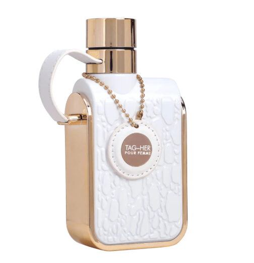 Frasco do perfume Tag-Her Pour Femme Armaf Eau de Parfum 100ml Feminino, família floral e doce/gourmand.