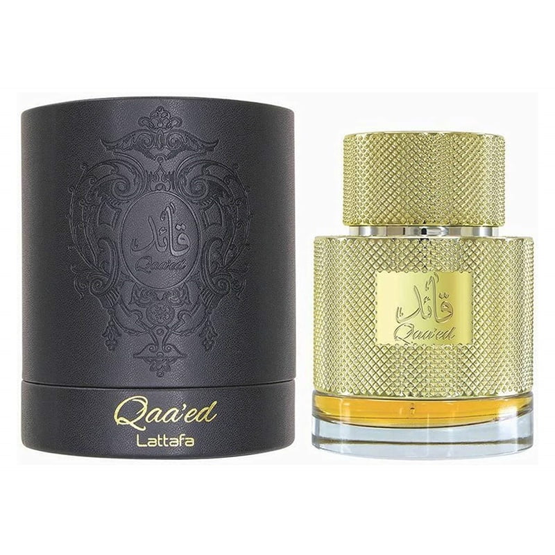 Frasco do perfume Qaaed Lattafa Eau De Parfum 100ml Masculino, família amadeirado e âmbar.
