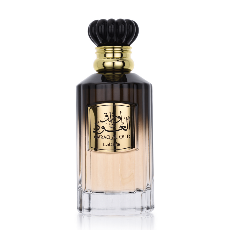 Frasco do perfume Awraq Al Oud Lattafa Eau De Parfum 100ml Unisex, família âmbar.