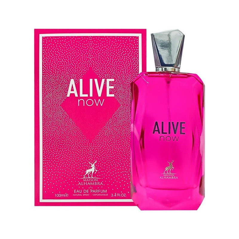 Frasco do perfume Alive Now Maison Al Hambra EDP 100ml feminino, família floral e doce/gourmand.