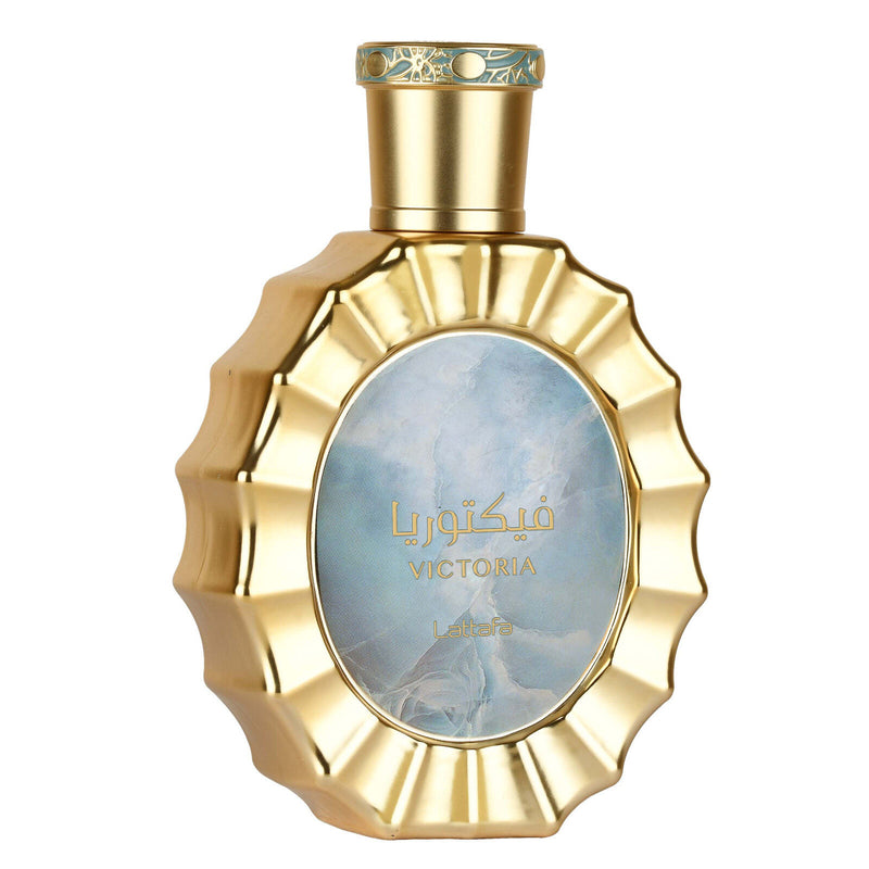 Frasco do perfume Victoria Lattafa Eau De Parfum 100ml Feminino, família floral e doce/gourmand.
