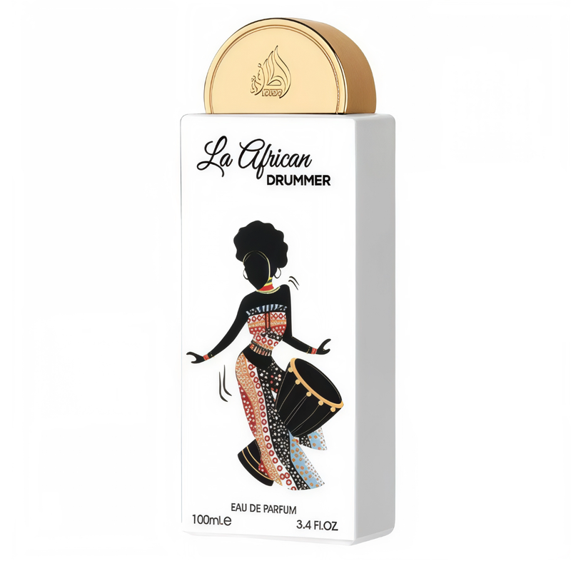 Frasco do perfume La African Drummer Lattafa Pride EDP 100ml, família amadeirado e âmbar.
