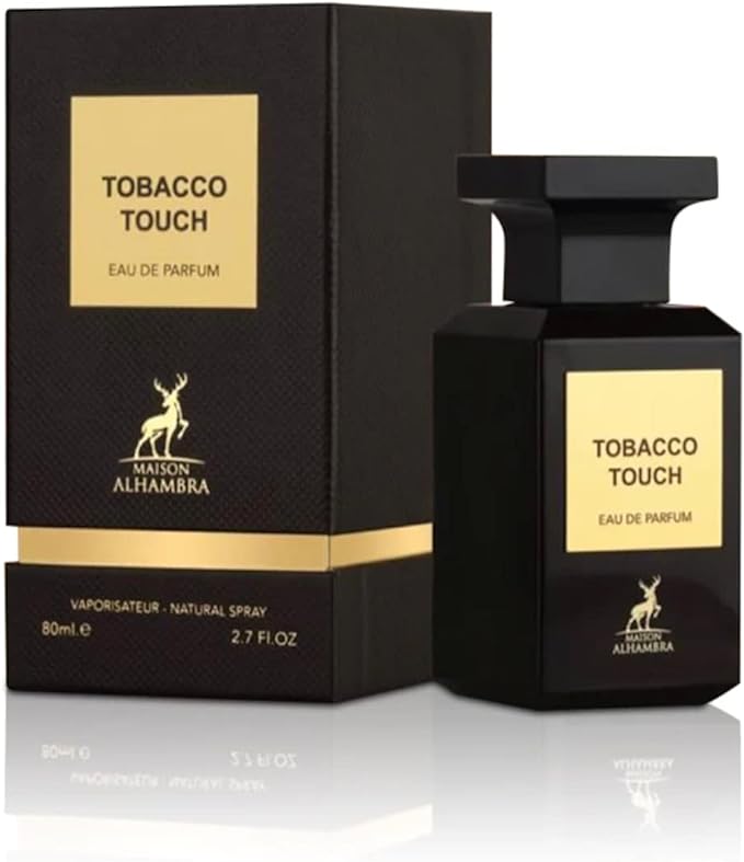 Frasco do perfume Tobacco Touch Maison Al Hambra EDP 80ml Unisex, família tabaco e amadeirado.