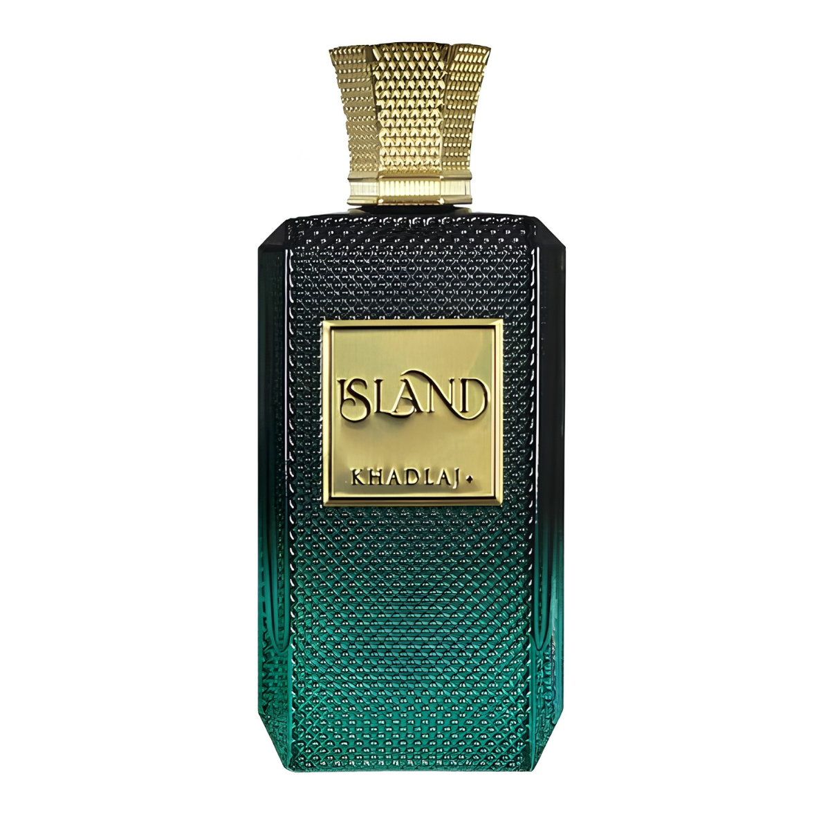 Frasco do perfume Khadlaj Island  100ml EDP, família amadeirado e âmbar.