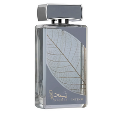 Frasco do perfume Najdia Intense Lattafa Eau De Parfum 100ml Unisex, família amadeirado e âmbar.