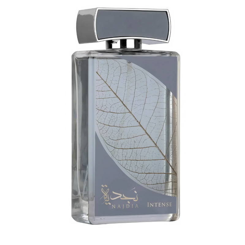 Frasco do perfume Najdia Intense Lattafa Eau De Parfum 100ml Unisex, família amadeirado e âmbar.