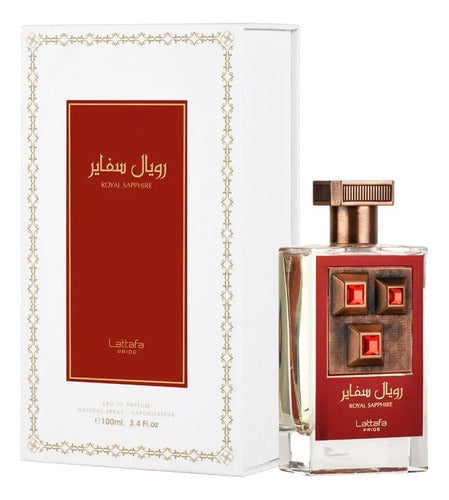 Frasco do perfume Royal Sapphire Lattafa Eau De Parfum 100ml Unisex, família âmbar e amadeirado.