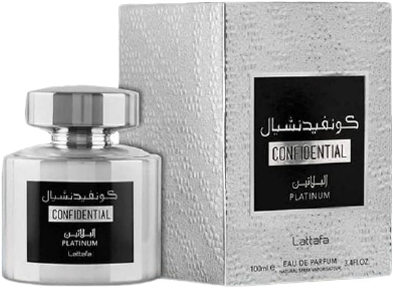 Frasco do perfume Confidential Platinum Eau De Parfum Lattafa 100ml, família amadeirado e âmbar.