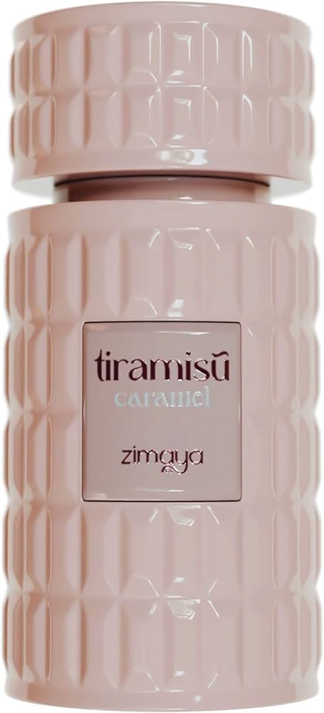 Frasco do perfume Tiramisu Caramel Zimaya Eau De Parfum 100ml Feminino, família doce/gourmand e floral.