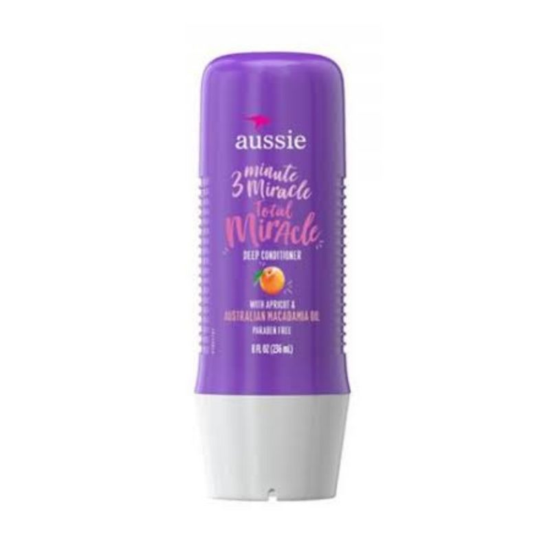 Frasco do perfume Aussie 3 Minutos Total Miracle 7em1, família amadeirado e âmbar.