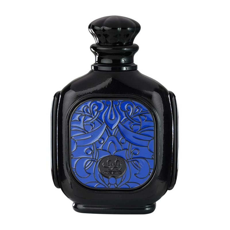 Frasco do perfume Zukhruf Zimaya Black Eau De Parfum 100ml Masculino, família amadeirado e âmbar.