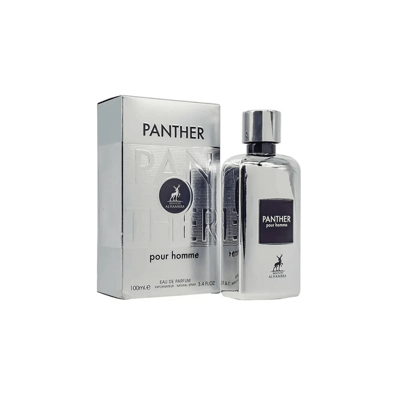 Frasco do perfume Maison Al Hambra Panther EDP 100ml maculino, família amadeirado e âmbar.