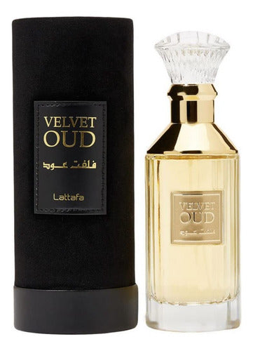 Frasco do perfume Velvet Oud Lattafa Eau De Parfum 100ml Unisex, família âmbar.