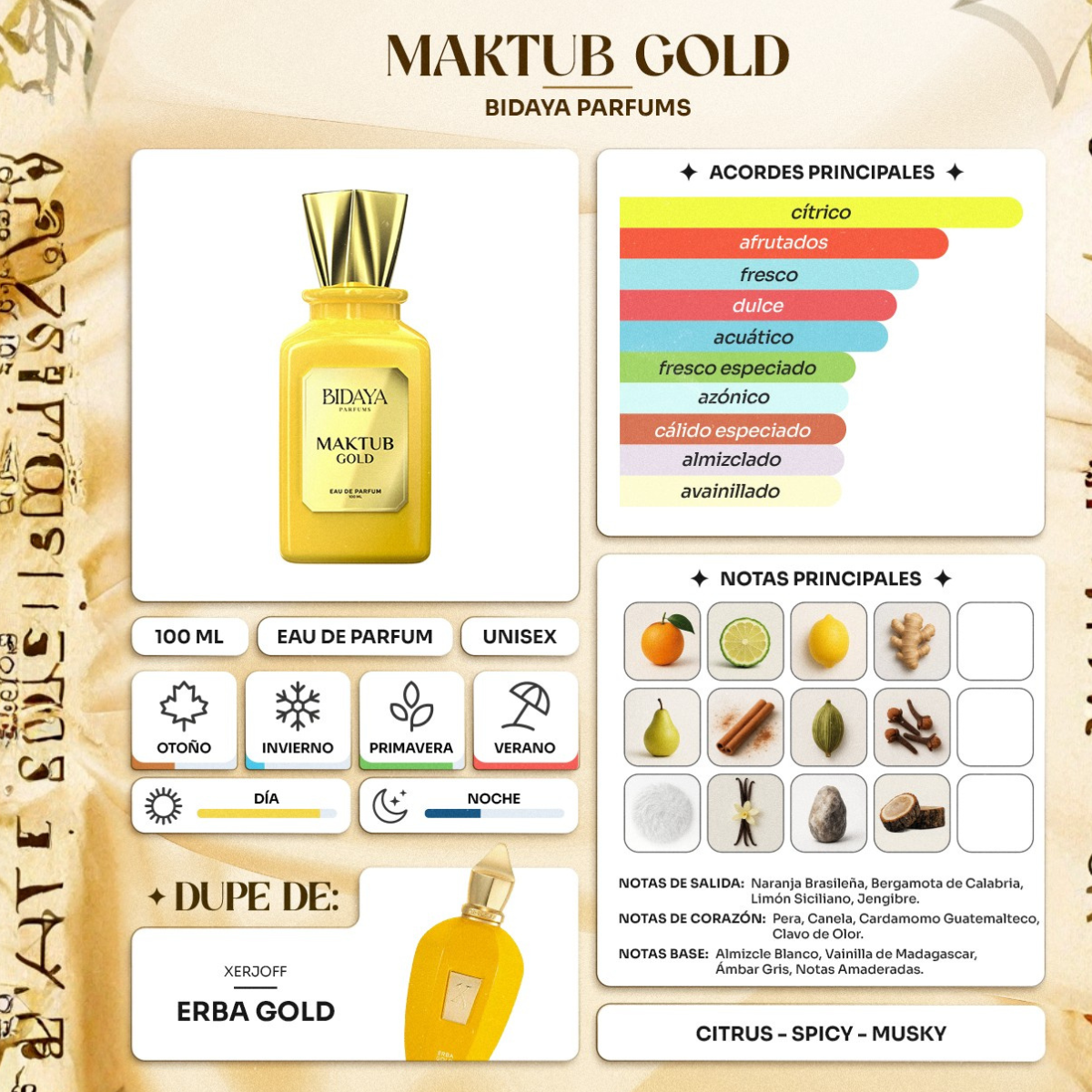 Perfume Árabe Maktub Gold Bidaya 100ml Eau De Parfum Unissex