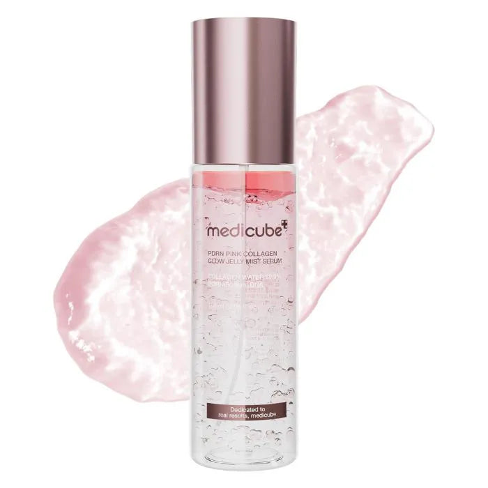 Frasco do perfume PDRN Pink Collagen Glow Jelly Mist Serum Medicube 100ml, família floral e doce/gourmand.