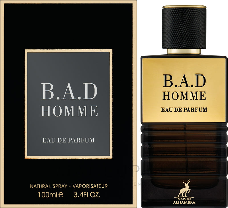Frasco do perfume BAD Homme Maison Al Hambra EDP 100ml, família amadeirado e âmbar.