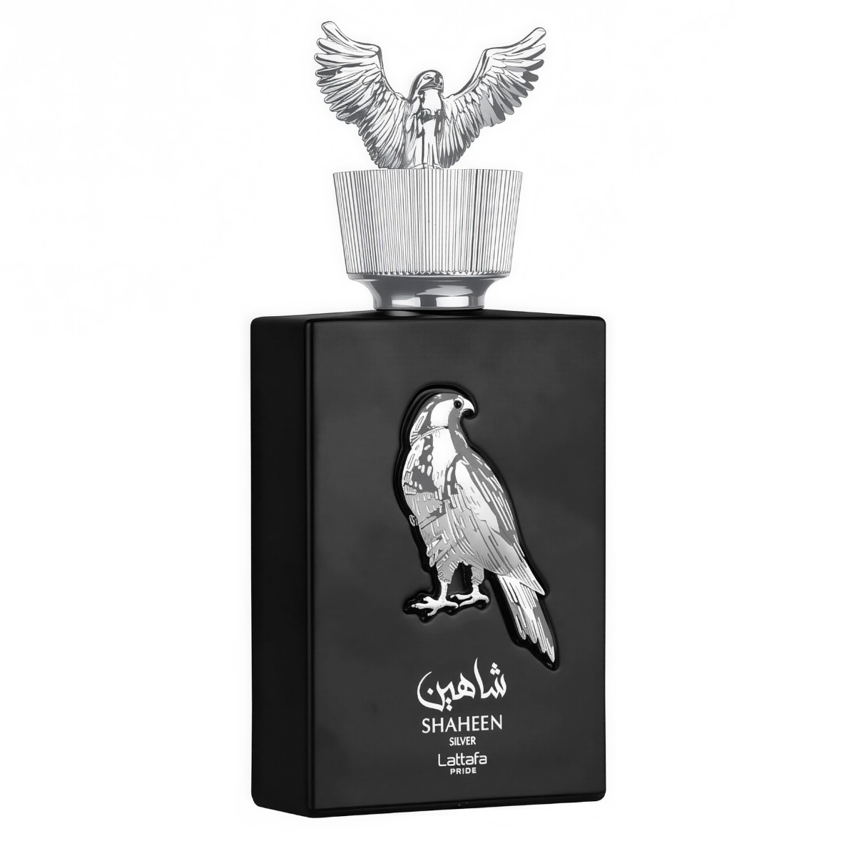 Frasco do perfume Shaheen Silver Lattafa Pride Edp 100ml Unisex, família amadeirado e âmbar.