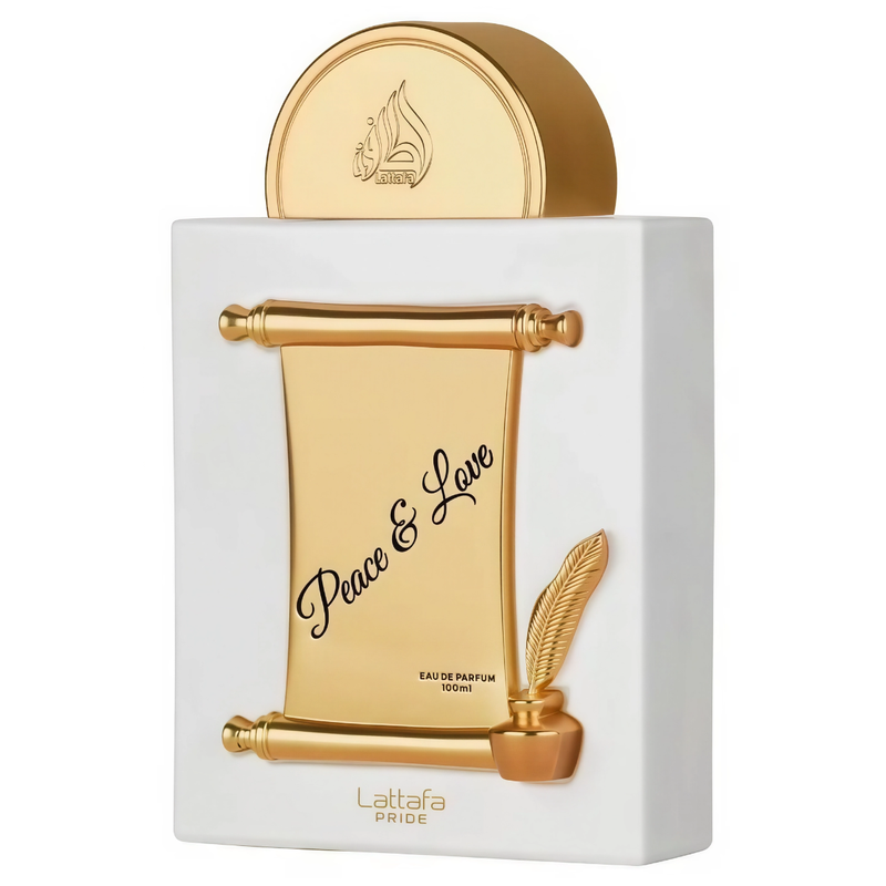 Frasco do perfume Peace & Love Lattafa Pride Edp 100ml Unisex, família amadeirado e âmbar.