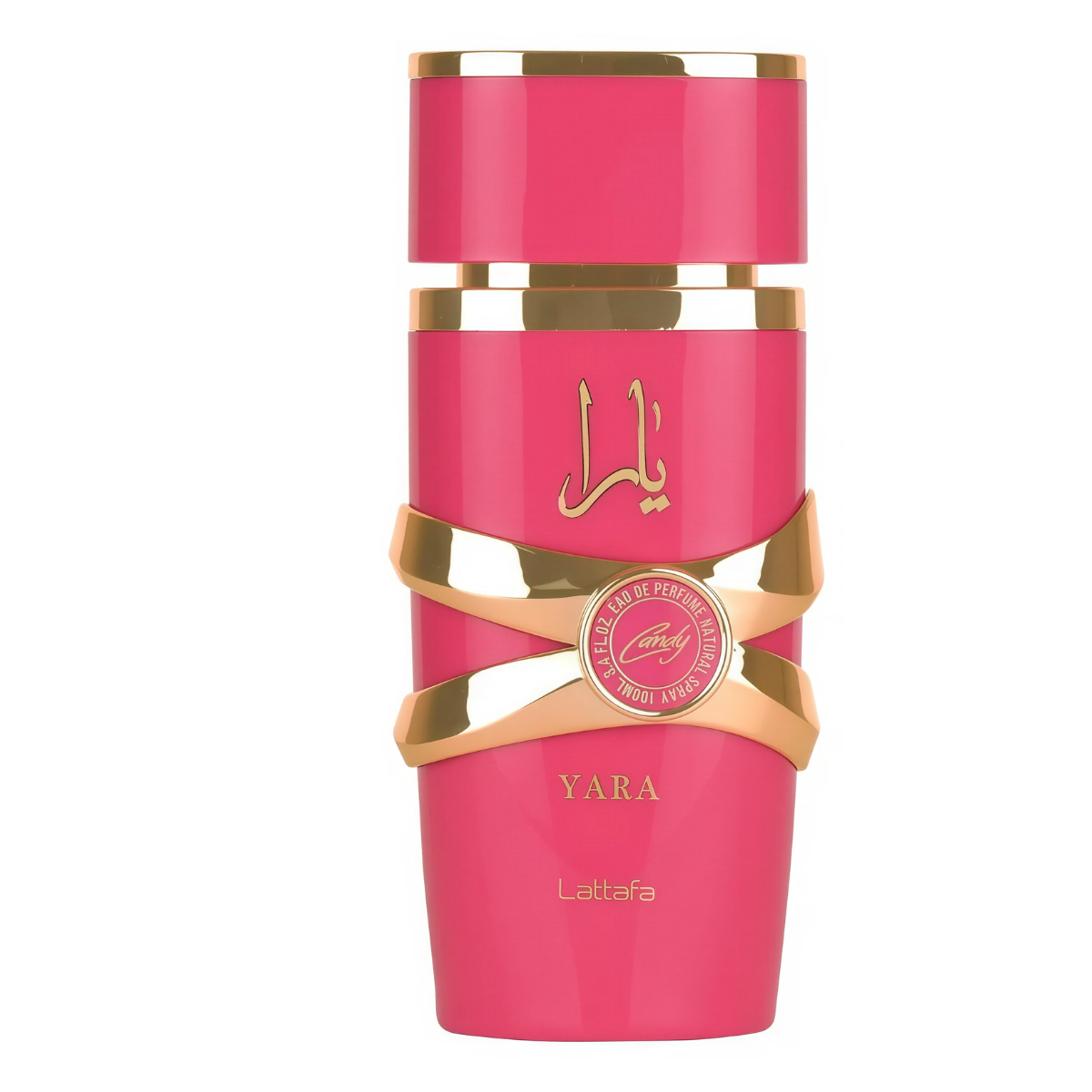 Frasco do perfume Yara Candy Lattafa Eau De Parfum 100ml Feminino, família doce/gourmand e floral.