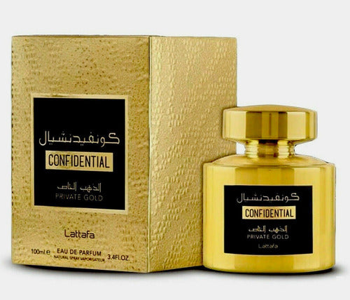 Frasco do perfume Confidential Private Gold Lattafa Eau De Parfum 100ml, família doce/gourmand e âmbar.