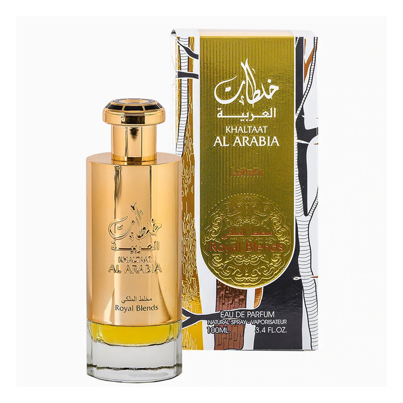 Frasco do perfume Khaltaat Al Arabia Royal Blends Lattafa EDP 100ml, família âmbar e amadeirado.