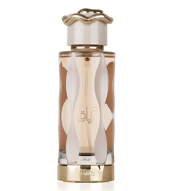 Frasco do perfume Teriaq Lattafa Eau De Parfum 100ml feminino, família floral e doce/gourmand.