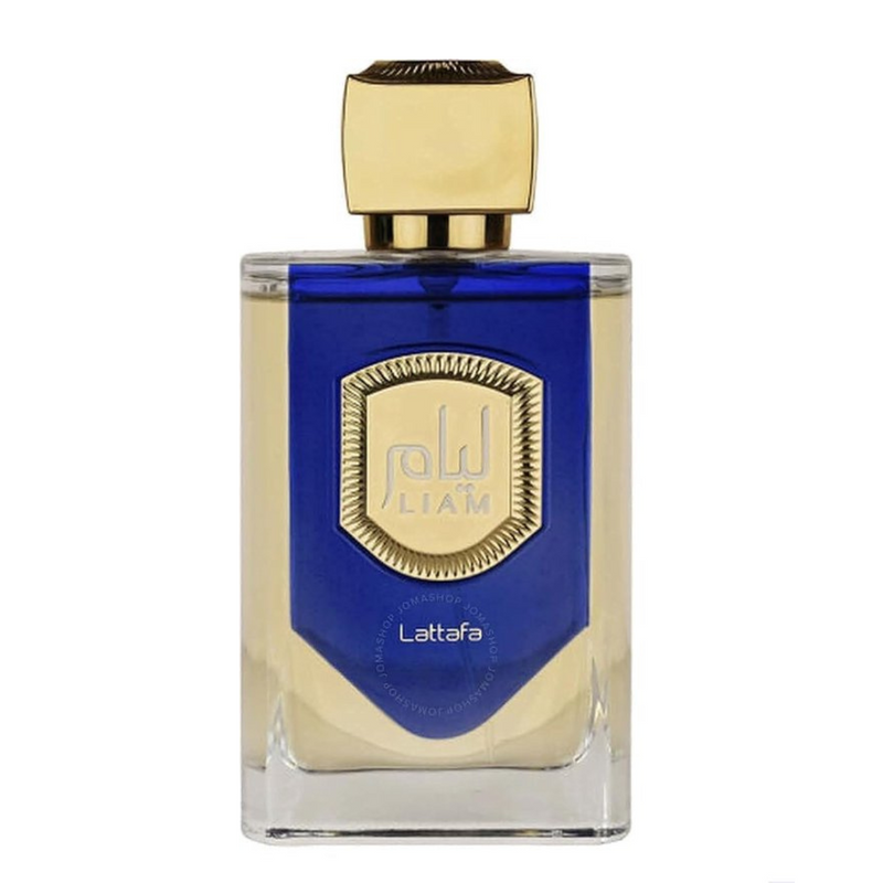 Frasco do perfume Liam Blue Shine Lattafa Eau De Parfum 100ml, família amadeirado e âmbar.