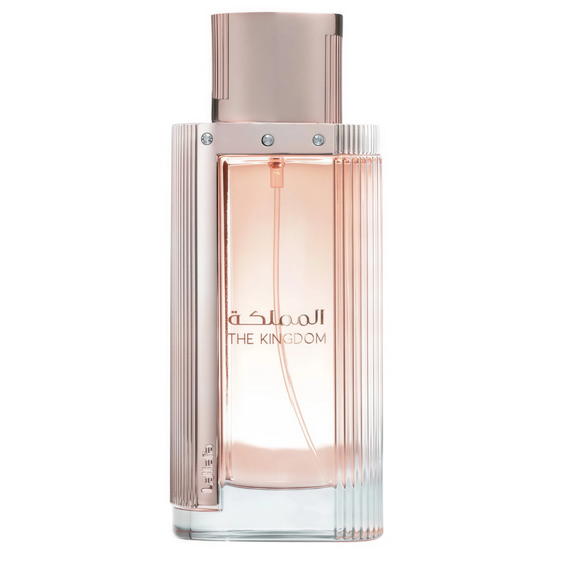 Frasco do perfume The Kingdom Lattafa Eau De Parfum 100ml Feminino, família doce/gourmand e floral.