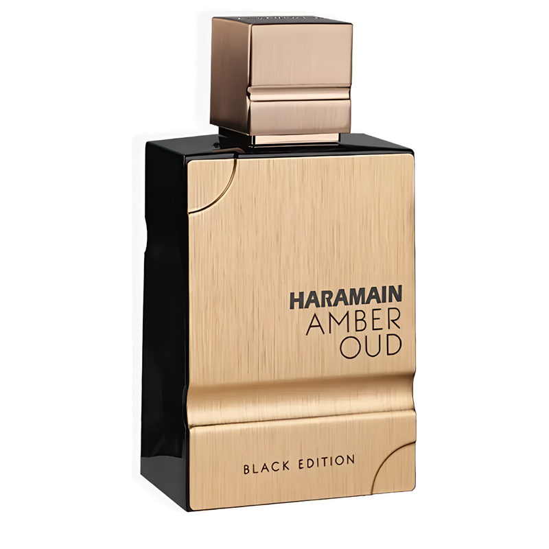 Frasco do perfume Amber Oud Black Al Haramain 60ml EDP, da Lattafa, família âmbar.