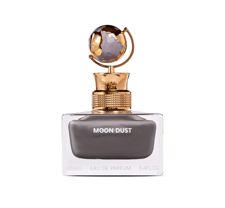Frasco do perfume Moon Dust Aurora Scents Eau De Parfum 100ml Unisex, família amadeirado e âmbar.