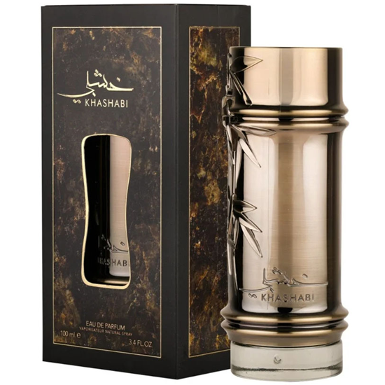 Frasco do perfume Khashabi Lattafa Eau De Parfum 100ml, família amadeirado e âmbar.