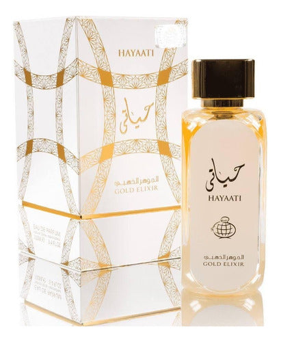 Frasco do perfume Hayaati Gold Elixir Lattafa Eau De Parfum 100ml, família doce/gourmand e âmbar.