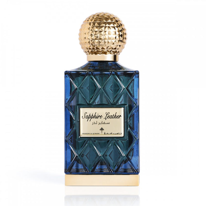 Frasco do perfume Sapphire Leather Ibraheem AlQurashi Eau De Parfum 100ml, família couro e amadeirado.